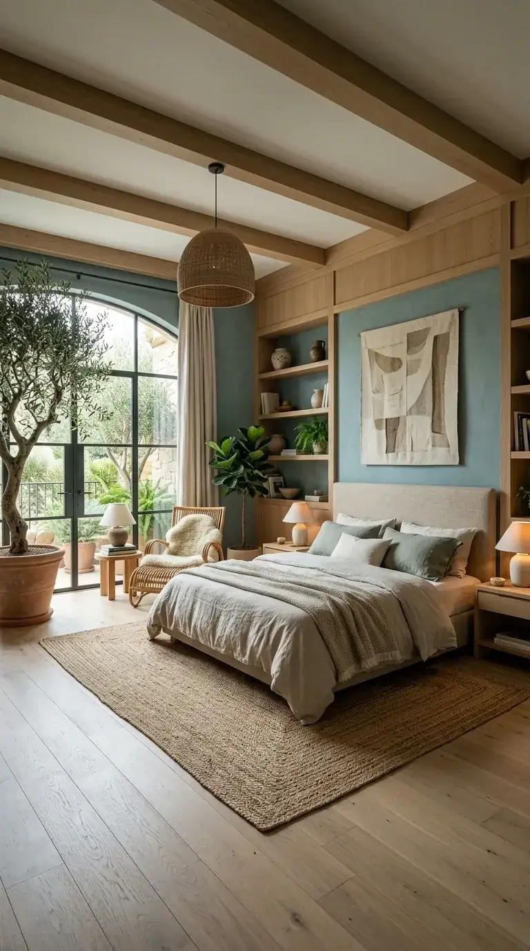 Compact primary bedroom with large steel-frame arched window opening to patio, wood beam ceiling, full-wall built-in shelving, rattan chaise lounge, large woven pendant in PNW modern home