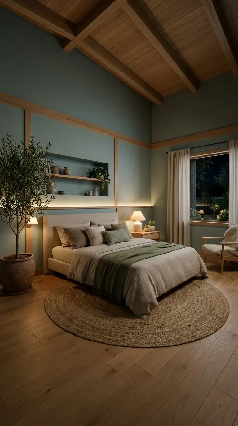 Moody compact bedroom with dark wood plank ceiling, deep teal walls, integrated warm LED cove lighting in built-in wall niche behind bed, jute rug, and olive tree in Portland craftsman