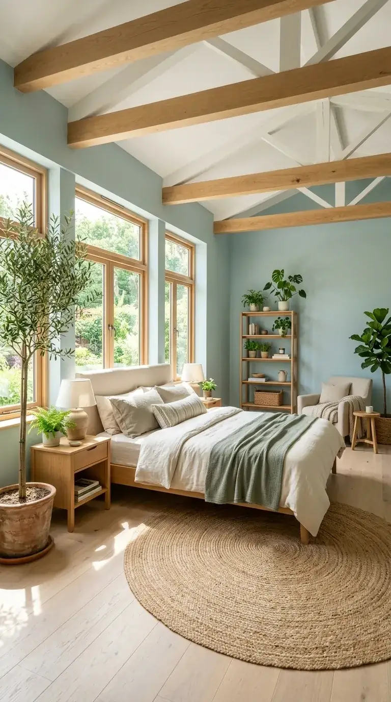 Spacious vaulted compact bedroom with exposed wood trusses, light sky-blue walls, tall wood-framed windows, open wooden shelving, large round jute rug, and abundant plants in Bend modern home