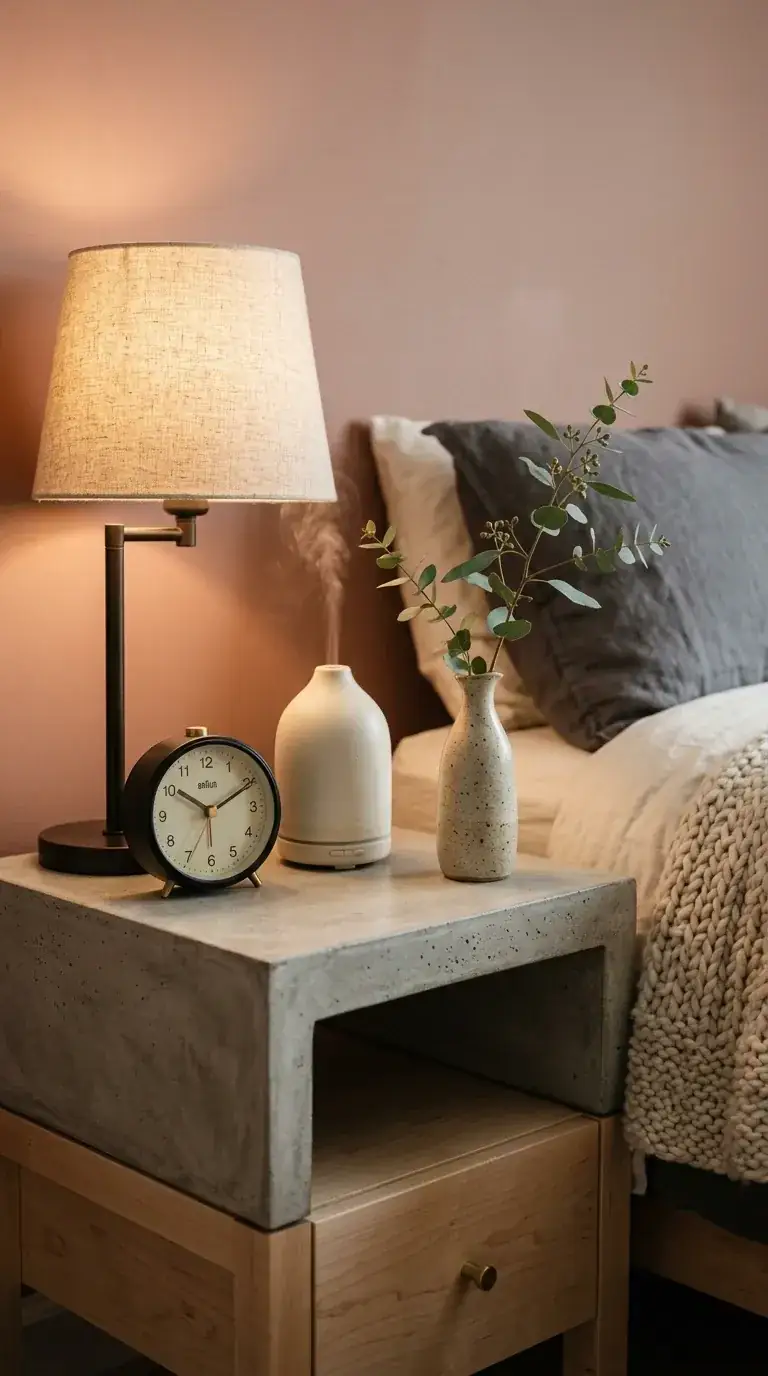 Curated tech-free compact nightstand with concrete and wood drawer, ceramic essential oil diffuser, analog alarm clock, industrial linen-shade lamp, and small ceramic vase with eucalyptus