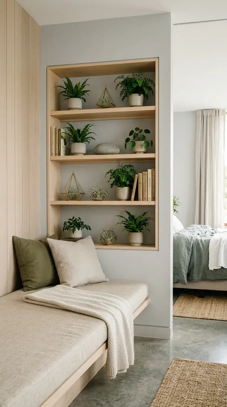 Compact bedroom corner with light wood slat wall, custom built-in bench with upholstered cushion, recessed wall shelving styled with plants and terrariums, and polished concrete floor in Tacoma Stadium District