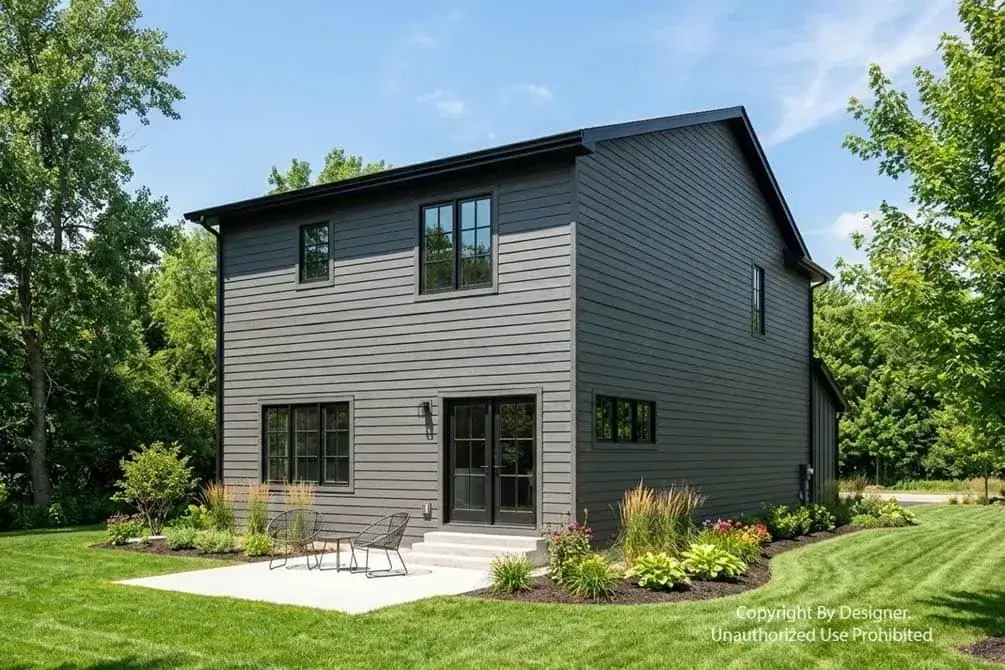 Front exterior of modern farmhouse plan 140053RK with board-and-batten siding, stone veneer accents, dark metal roof, and timber bracket details