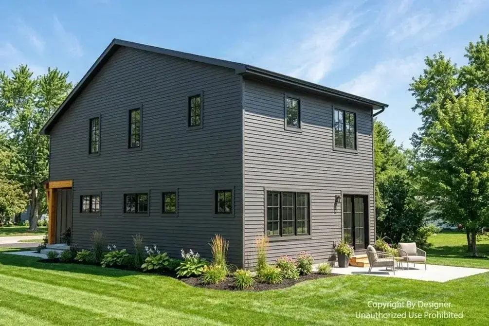 Side exterior elevation of compact modern farmhouse showing gable rooflines, mixed siding materials, and corner stone accents