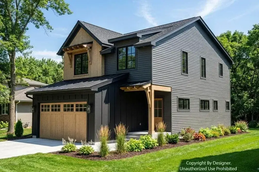Rear exterior of modern farmhouse 140053RK with covered back porch, black windows, and clean gable massing