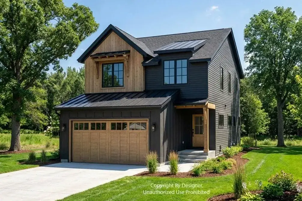 Twilight exterior view of compact two-story modern farmhouse with warm interior lighting and modern farmhouse details