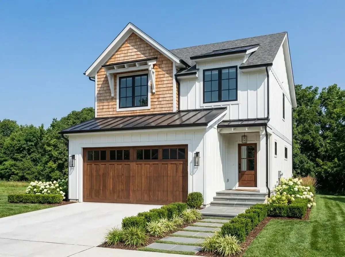 Crisp white farmhouse facade with cedar shake gable accent, dark metal roof, white timber brackets, and boxwood hedge landscaping