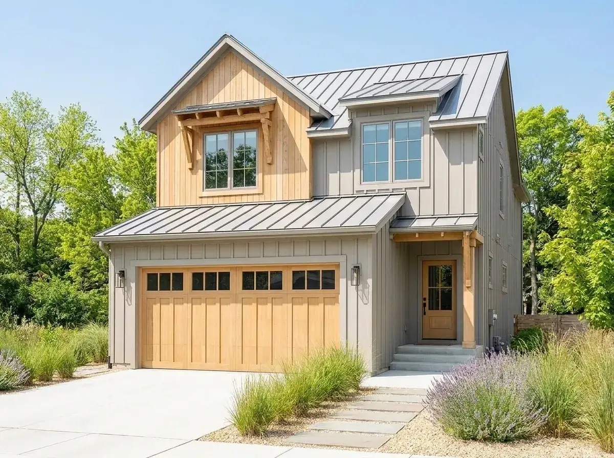 Contemporary organic facade with vertical natural wood gable, light grey vertical siding, metal roof, xeriscape landscaping with ornamental grasses and lavender