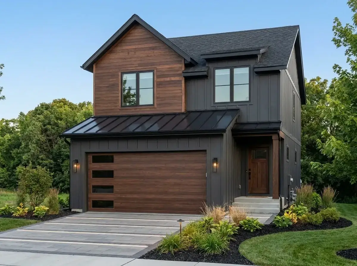 Moody contemporary industrial facade with dark charcoal vertical siding, horizontal dark wood gable, metal roof, and dramatic paver driveway with strip lighting