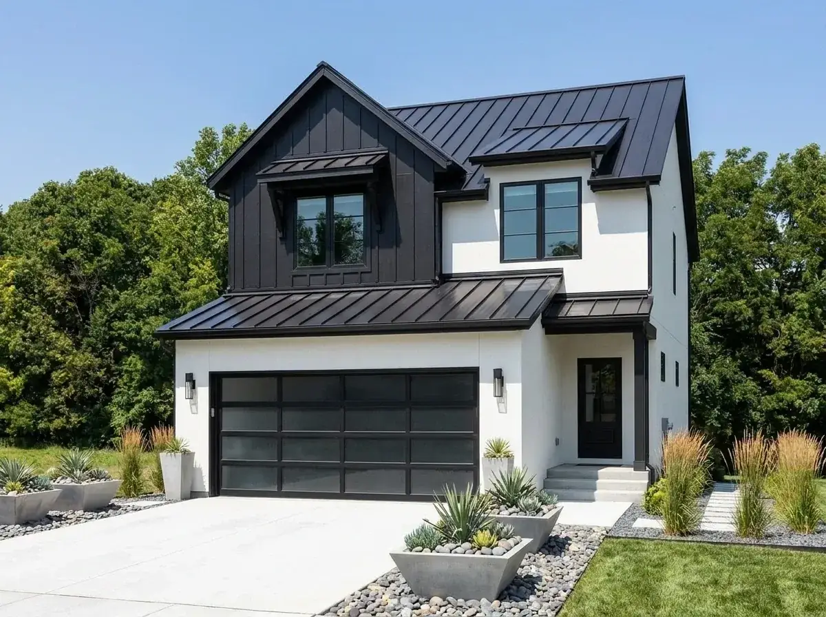 High-contrast minimalist facade with white stucco base, black vertical siding upper level, black-framed glass garage door, agave and concrete planter landscaping