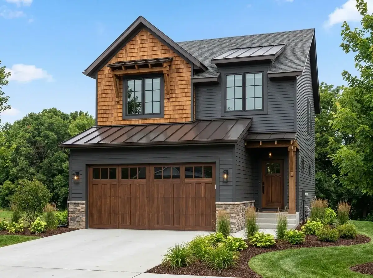 Traditional craftsman lodge facade with dark grey horizontal siding, cedar shake gable, stone veneer foundation, and curved concrete driveway