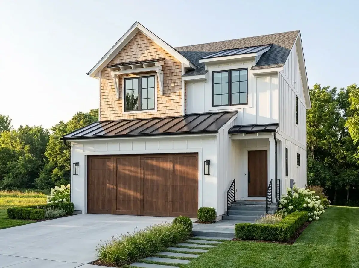 Bright coastal farmhouse facade with white board-and-batten, cedar shake gable, black metal roof accents, and hydrangea-boxwood landscaping