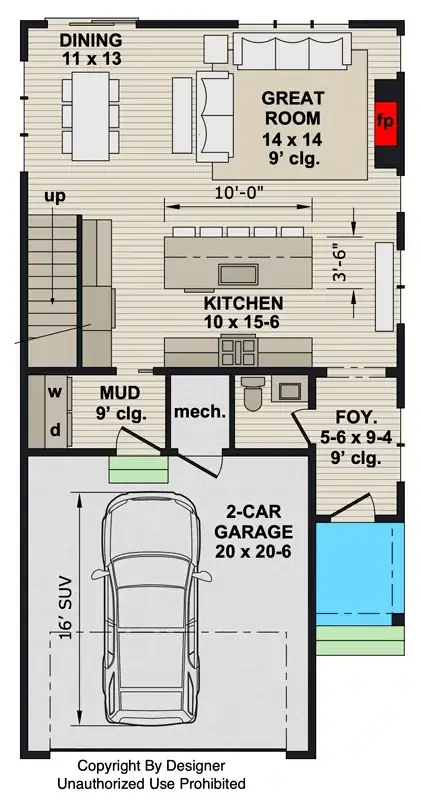 Main level floor plan of compact modern farmhouse 140053RK showing open great room, kitchen island, dining, mudroom, powder room, and 2-car garage