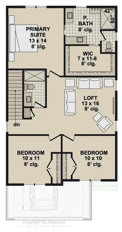 Second floor plan of modern farmhouse 140053RK showing primary suite with walk-in closet, two secondary bedrooms, hall bath, and central 13x16 loft