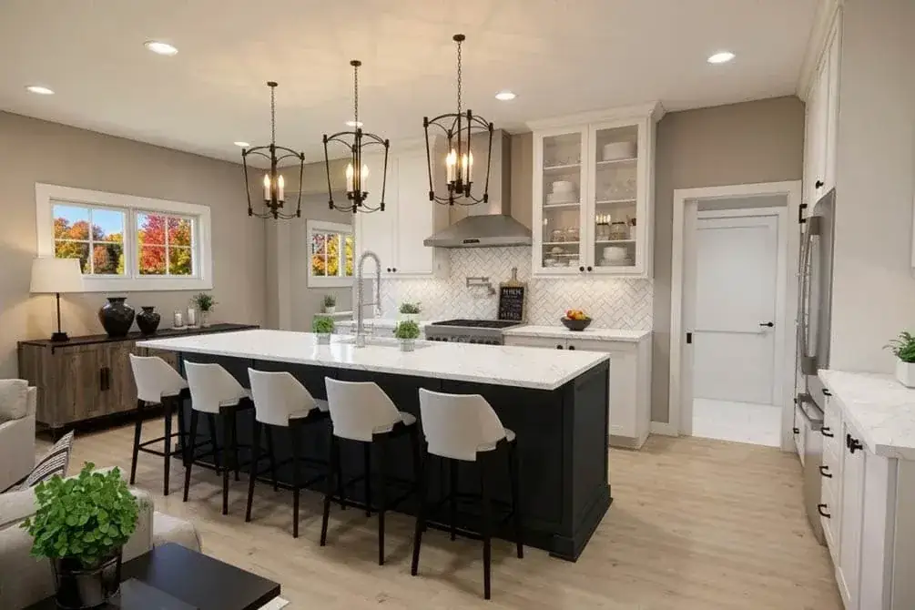 Kitchen island detail with bar seating and pendant lighting