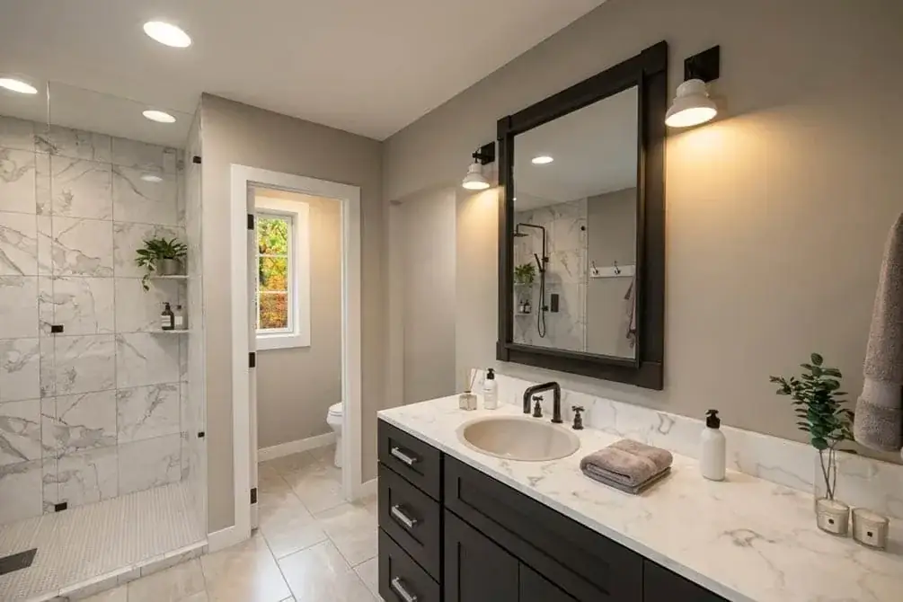 Mudroom entry from garage with built-in bench, hooks, and laundry alcove