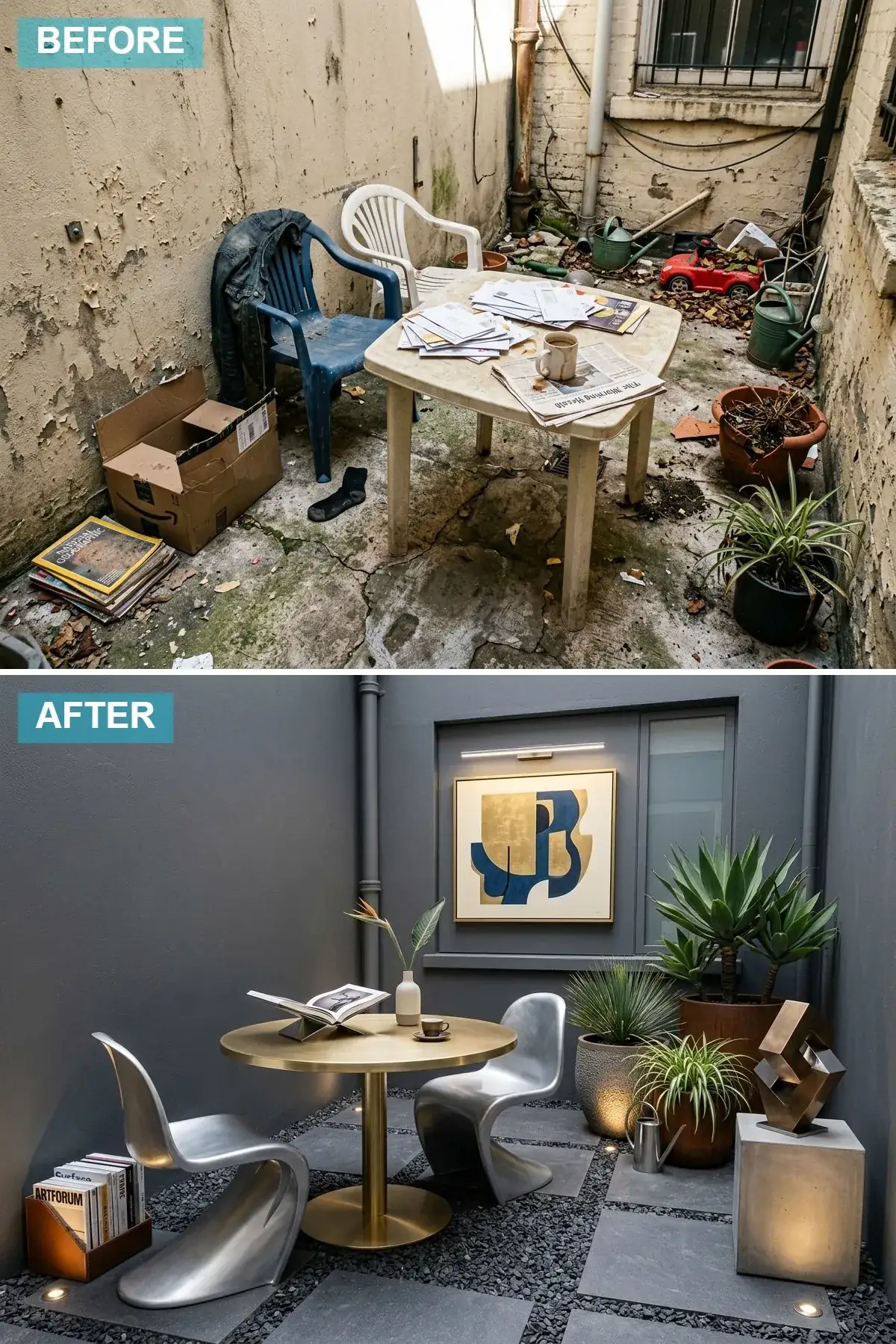 Charcoal-grey courtyard walls with dark slate pavers, brass-base table, and matte silver sculptural chairs