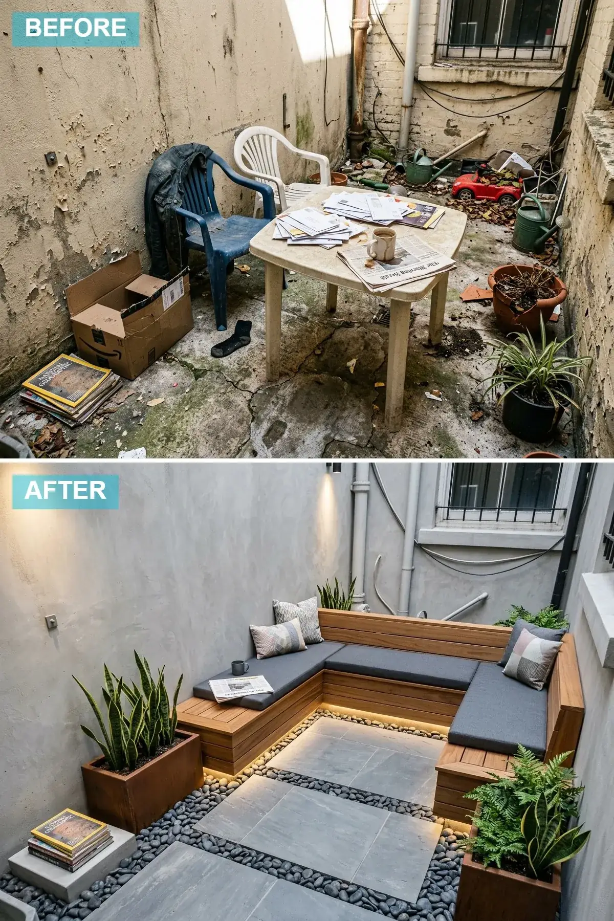Smooth grey concrete-render walls with large paving slabs and river stones, custom Ipe corner bench with charcoal cushions, and Corten steel planters
