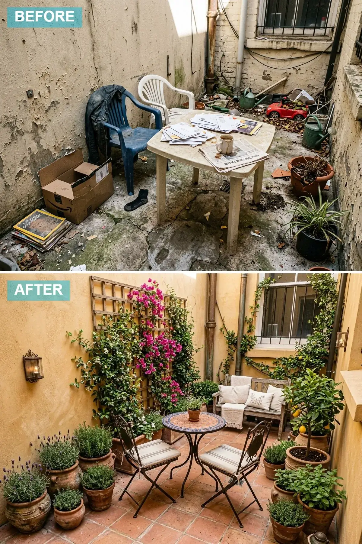 Aged ochre stucco walls with terracotta pavers, weathered wooden bench, iron bistro set, wooden trellis with bougainvillea, and lavender pots