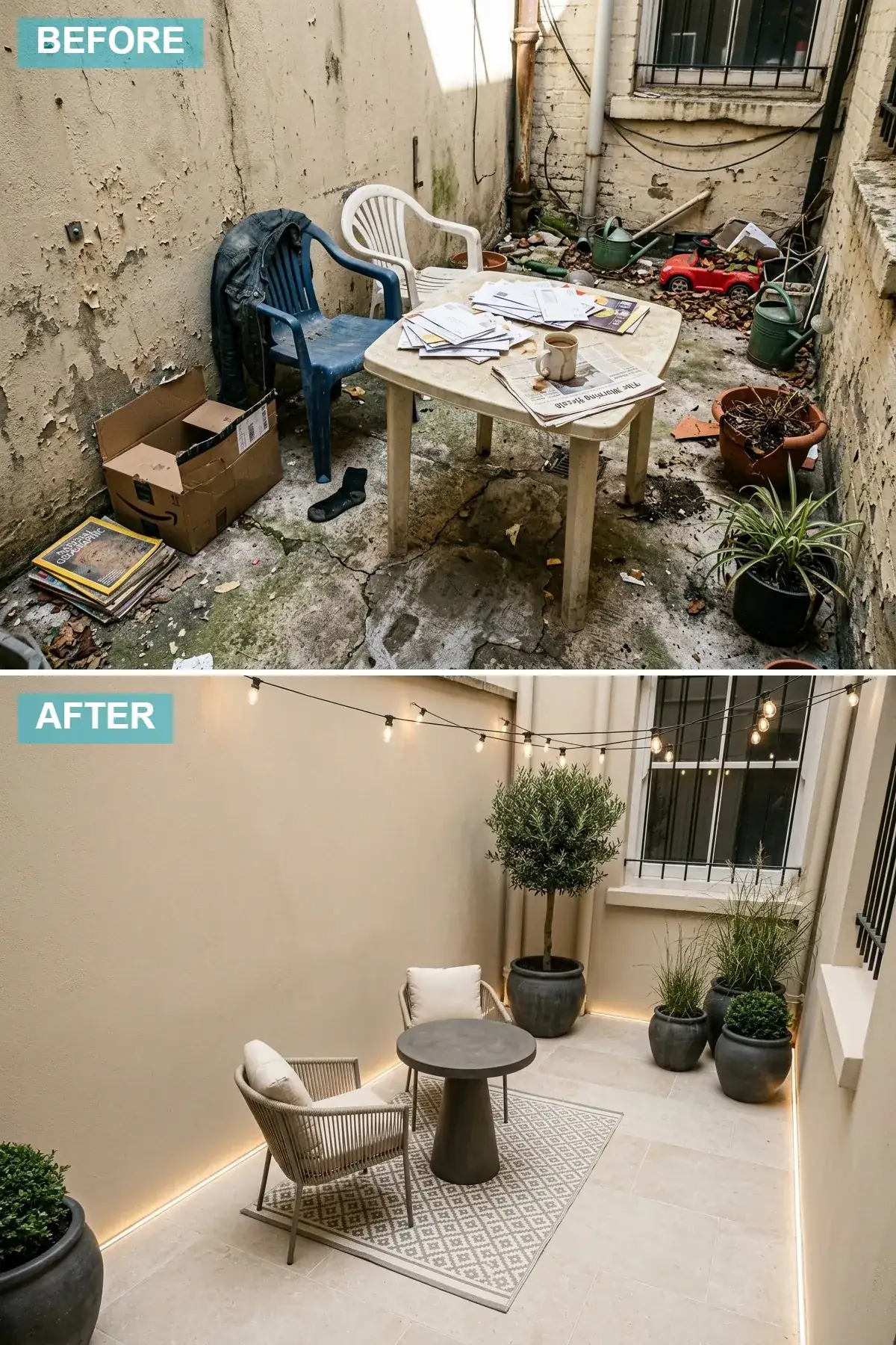 Smooth beige stucco walls with light limestone pavers, patterned outdoor rug, concrete table with woven rope chairs, string lights, and olive trees in dark planters