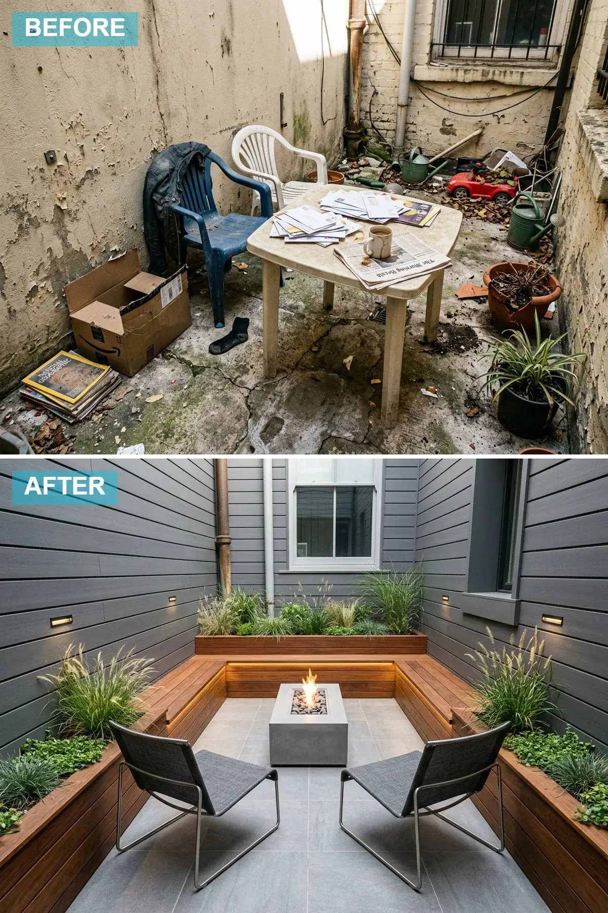 Grey horizontal composite siding with U-shaped wooden bench, rectangular concrete fire pit, and large grey porcelain tiles