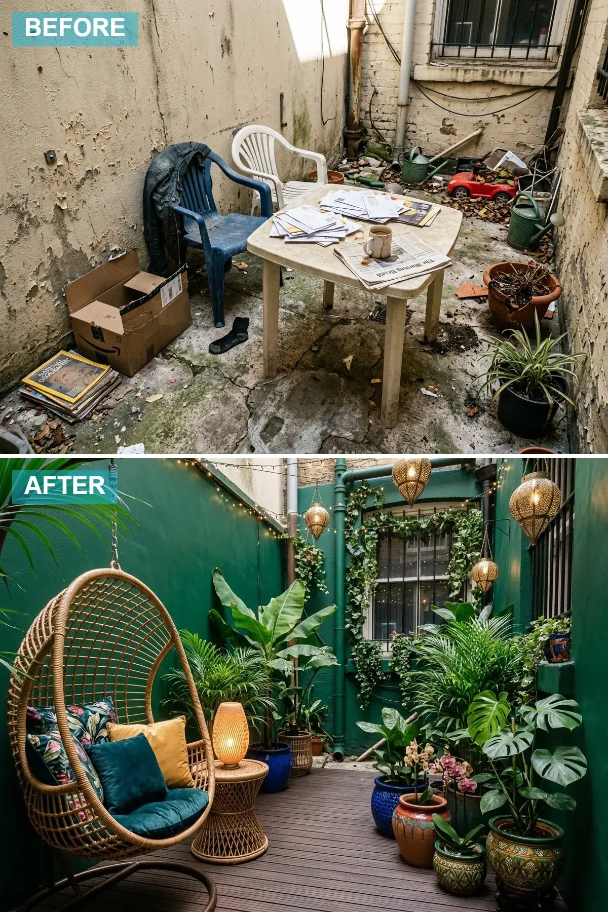 Deep emerald-green walls with dark wood deck, rattan hanging chair, Moroccan lanterns, and abundant tropical plants
