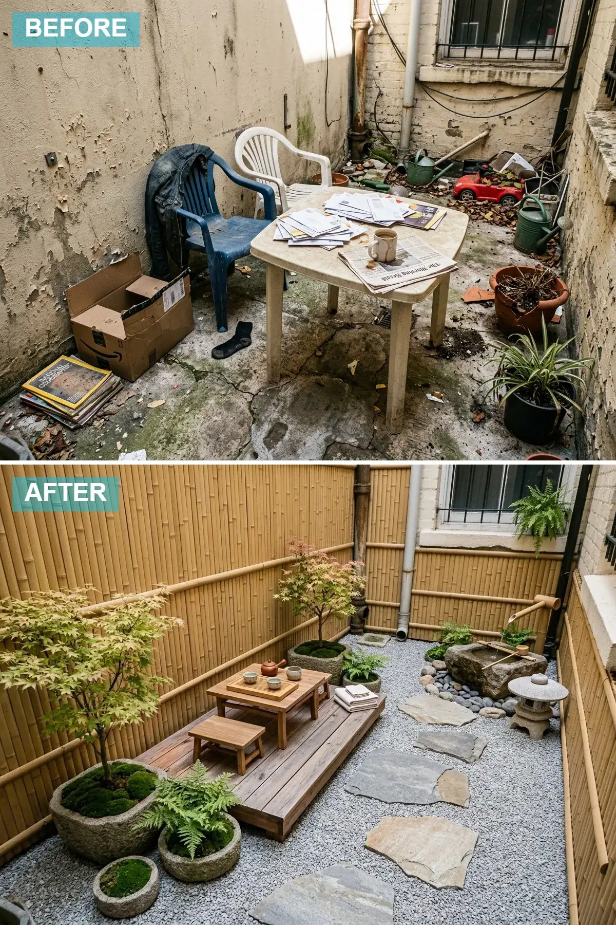 Bamboo fencing, light grey gravel with stepping stones, raised cedar deck, stone lantern, and tsukubai water basin
