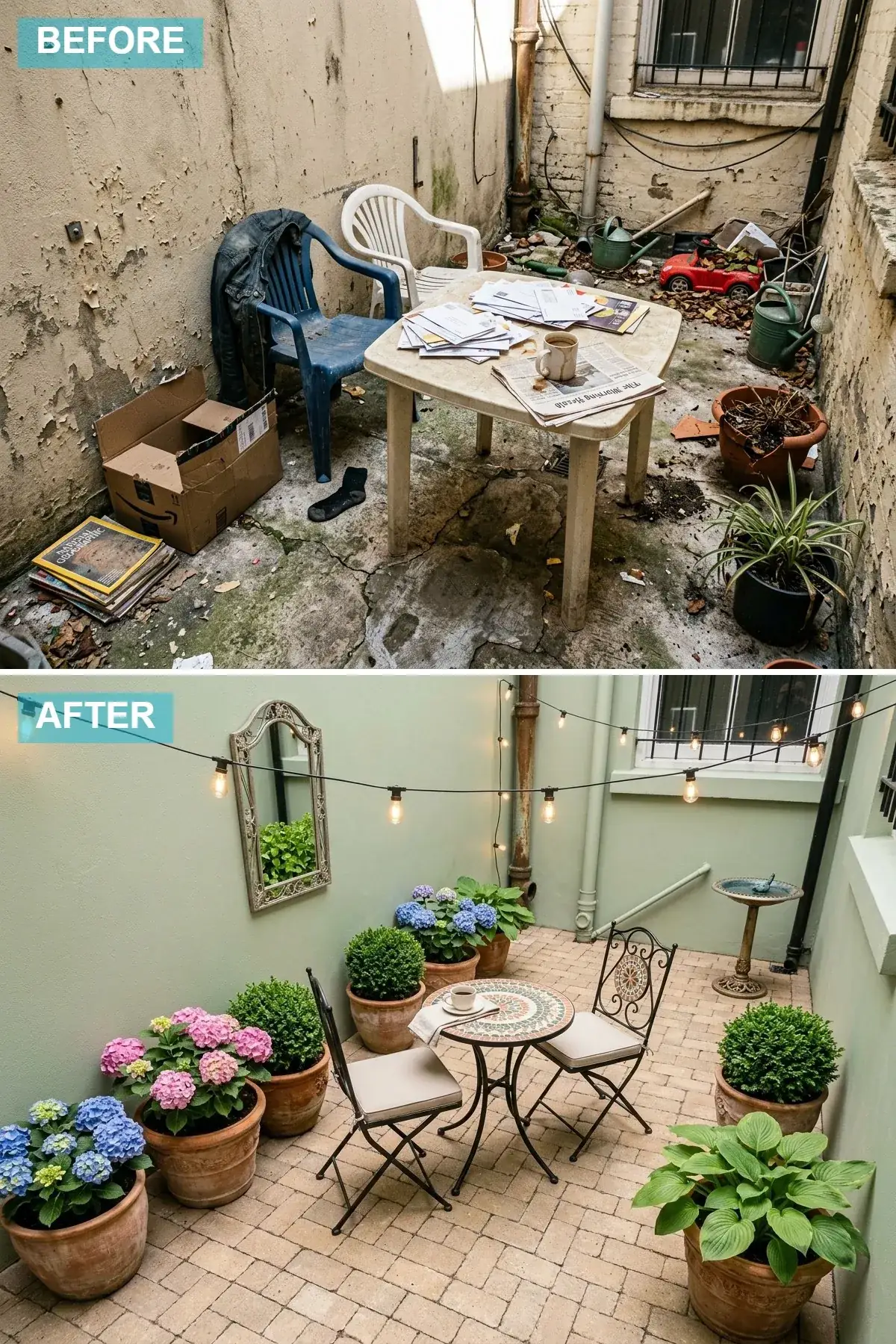 Soft sage green walls with brick paver floor, mosaic bistro table, folding iron chairs, string lights, and large vintage wall mirror