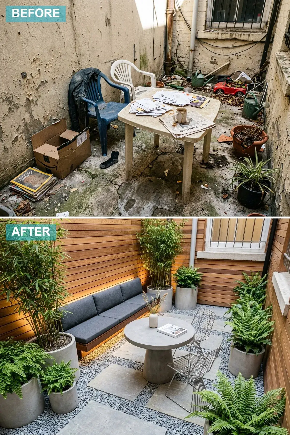 Horizontal cedar wood planks on back wall, grey pavers and gravel floor, built-in concrete bench with cushions, wire chairs and bamboo planters