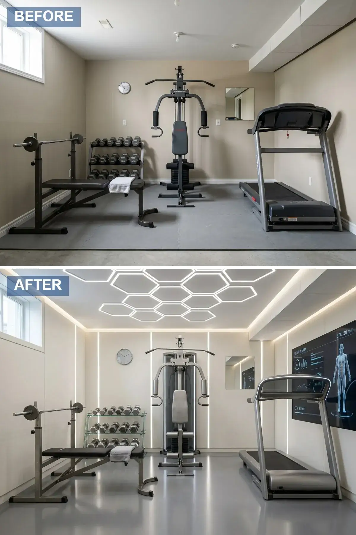 Compact 340 sqft Sellwood basement home gym converted to a high-performance cell with white wall panels, vertical cool-white LED strip lighting, ceiling-mounted hexagonal LED array, polished light-grey epoxy floor, and a connected-screen treadmill paired with a multi-station cable rack