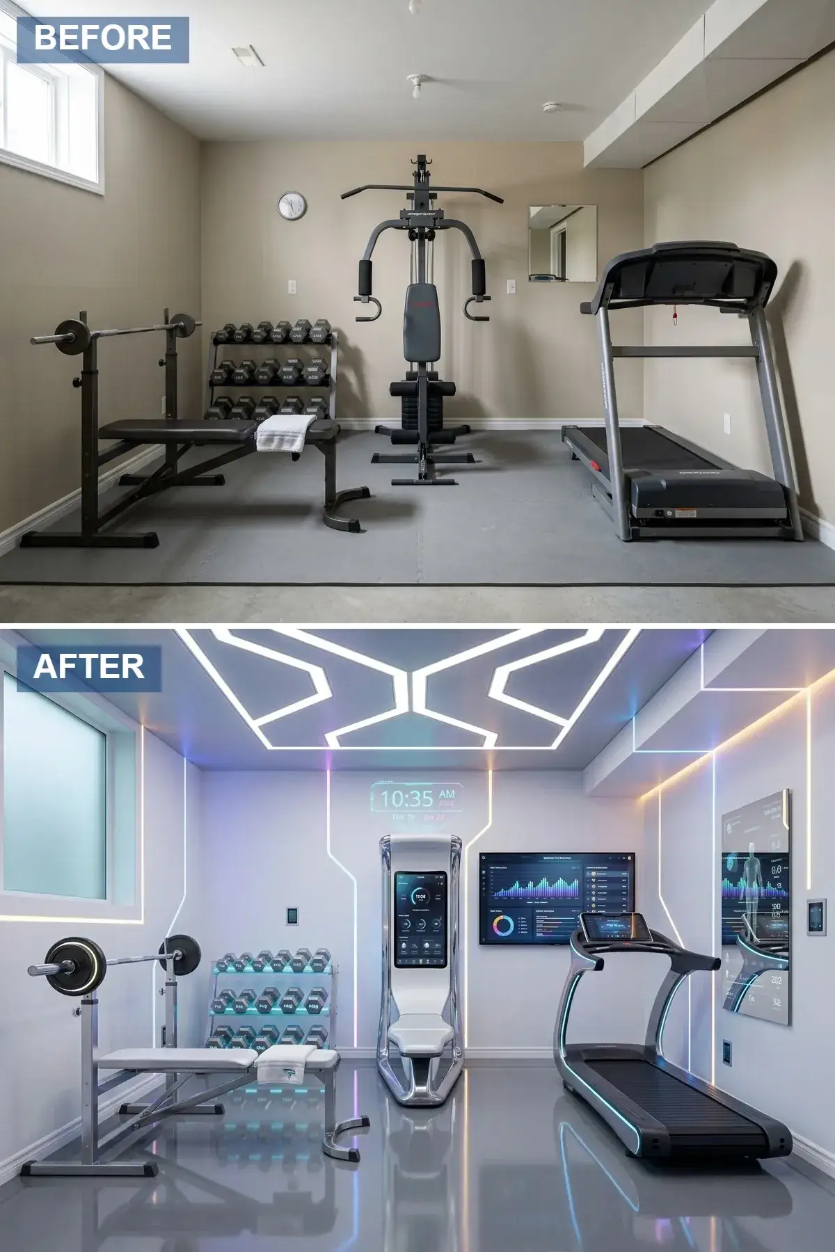 Modern color-light basement studio with geometric white ceiling light panels, recessed cool-blue and magenta LED accent strips in the wall reveals, futuristic white and silver multi-station gym machine with a vertical display, polished high-gloss grey floor, and a wall of small smart displays