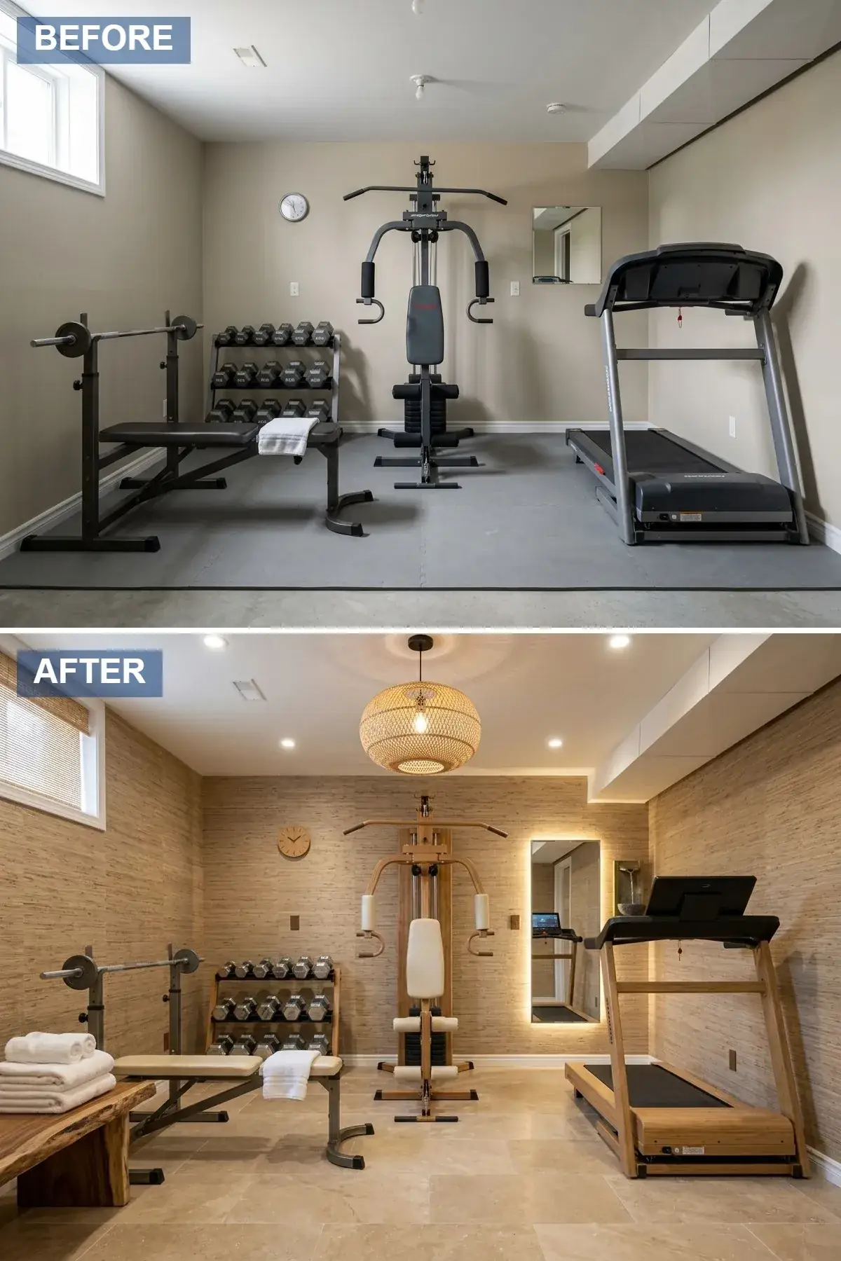 Natural-material compact basement gym with warm grasscloth wallpaper on all walls, large woven bamboo pendant light, NoHrd wooden multi-gym with rich-wood frame, live-edge wooden bench, beige stone tile floor, and small terra cotta potted plants
