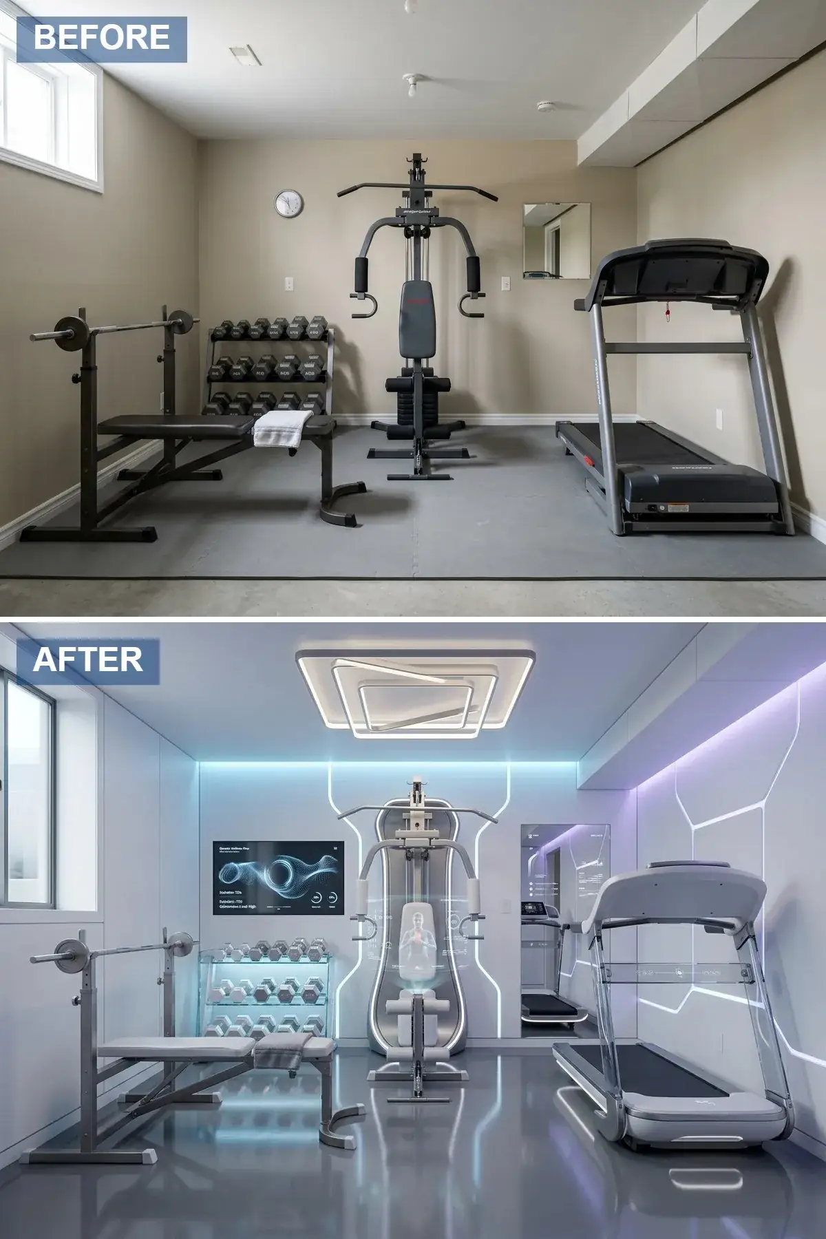 Compact connected-training studio in a 340 sqft Portland basement bay with white walls accented by cyan and purple LED strip lighting in geometric reveals, a wall-mounted smart mirror displaying a virtual trainer, polished grey floor, and a white functional trainer set against a feature wall