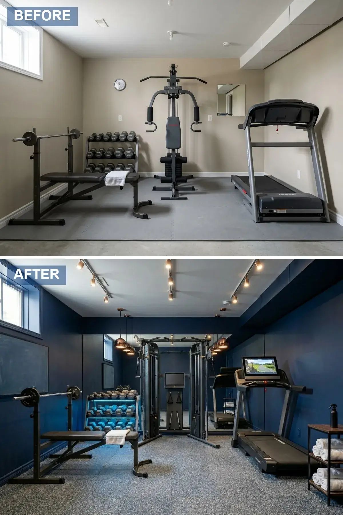 Compact 340 sqft basement strength bay finished in deep navy walls with matte black Rogue power rack centered under copper pendant lighting, framed mirror on the east wall, dark walnut storage shelf, and speckled-grey rubber flooring