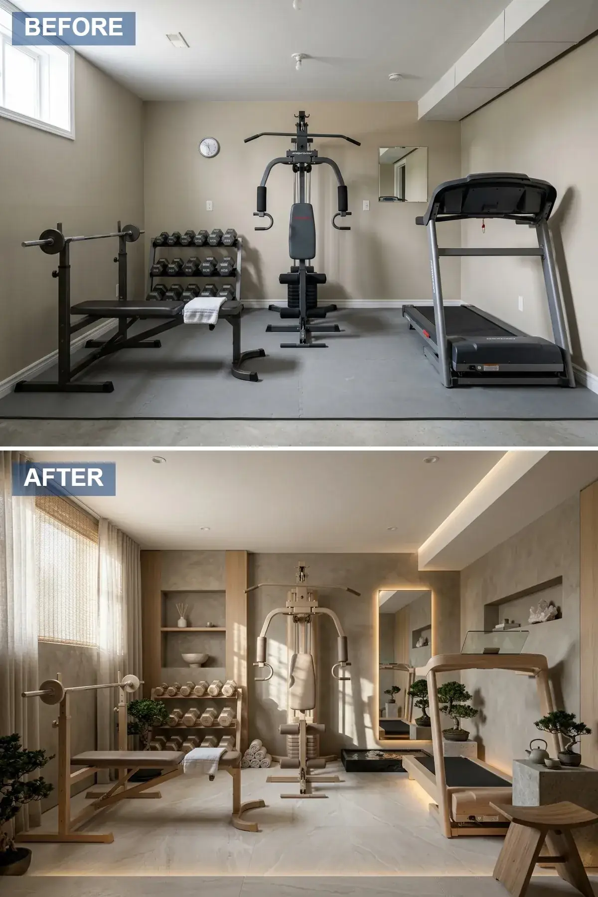 Japandi wellness studio in a 340 sqft Sellwood basement with textured concrete-look wall finish, light oak slat accent wall and shelving, backlit mirror, small recirculating water feature, bonsai plants, and large-format light cream porcelain floor tile
