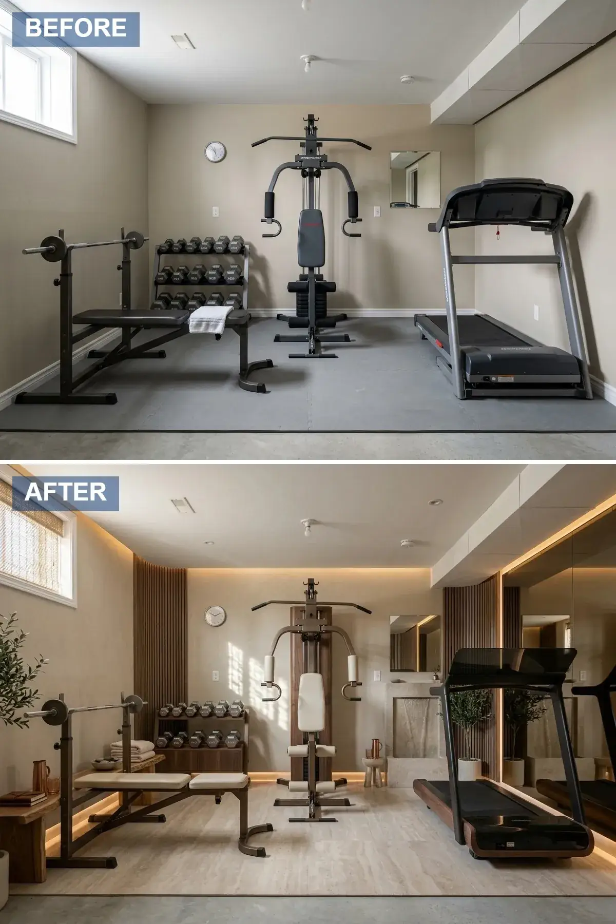 Luxurious compact basement spa-studio with warm beige textured plaster walls, dark walnut fluted wood paneling on one wall, warm LED strip lighting in ceiling cove and behind a marble water feature, travertine-look porcelain floor, and dark-wood-accented gym equipment