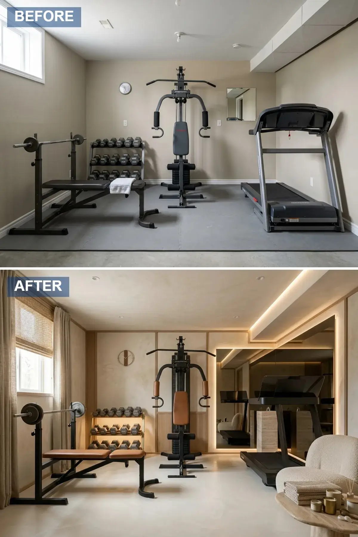 Soft minimalist basement gym in cream plaster walls with framed wood panels, tan leather upholstered equipment, a bouclé reading chair and stone side table in a recovery corner, warm cove lighting, and a linen curtain over the basement window