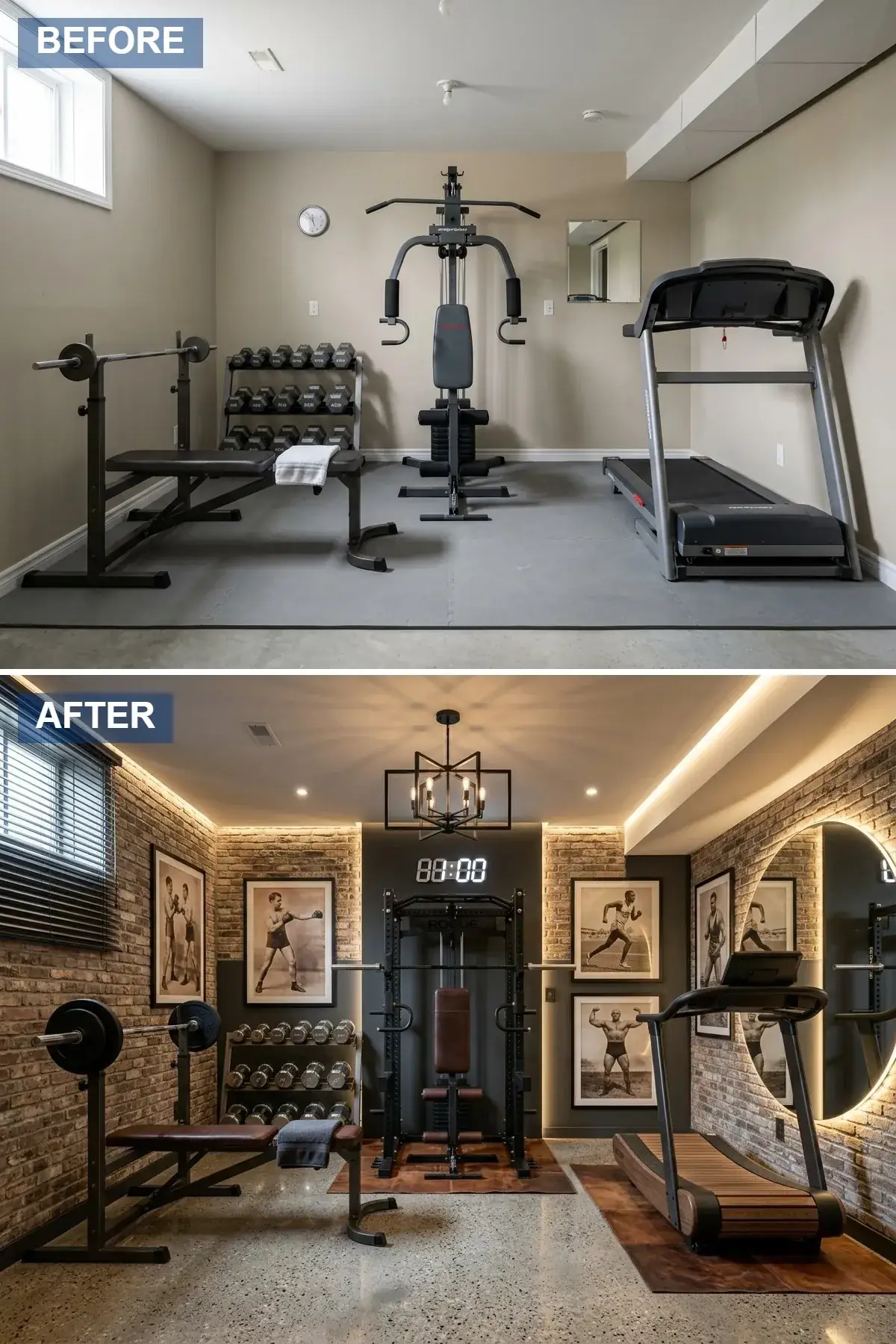 Basement urban loft gym with full-coverage exposed red brick veneer walls, industrial metal chandelier, warm cove lighting, heavy-duty black Rogue power rack, curved wooden NoHrd treadmill, framed vintage boxing photographs and round backlit mirror, on a polished concrete floor