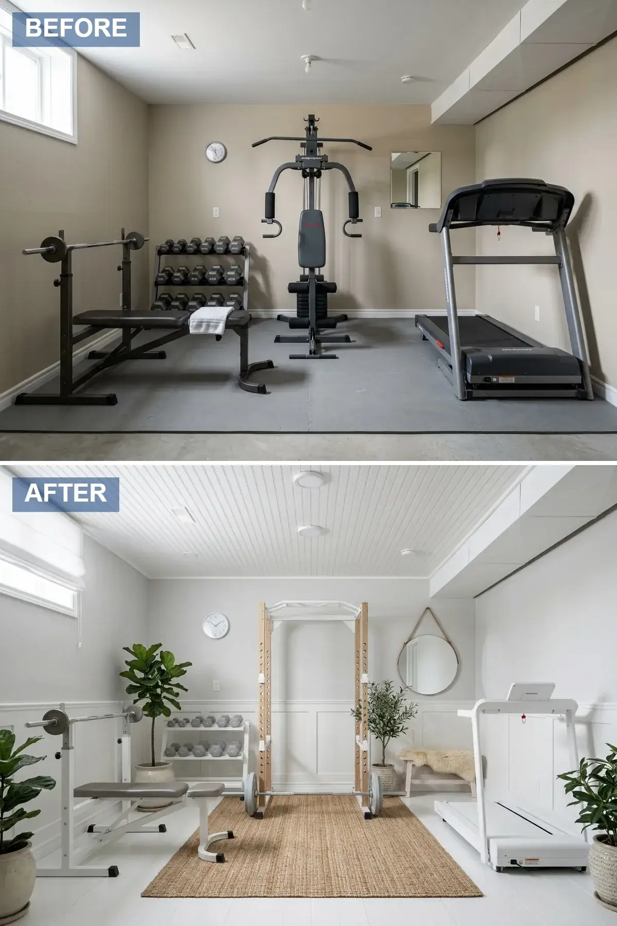 Bright Scandinavian basement gym with white beadboard wall paneling, white-painted ceiling, white-painted floor with a large natural jute area rug, white power rack with light birch wood accents, sleek white treadmill, round mirror with leather strap, and simple potted indoor plants