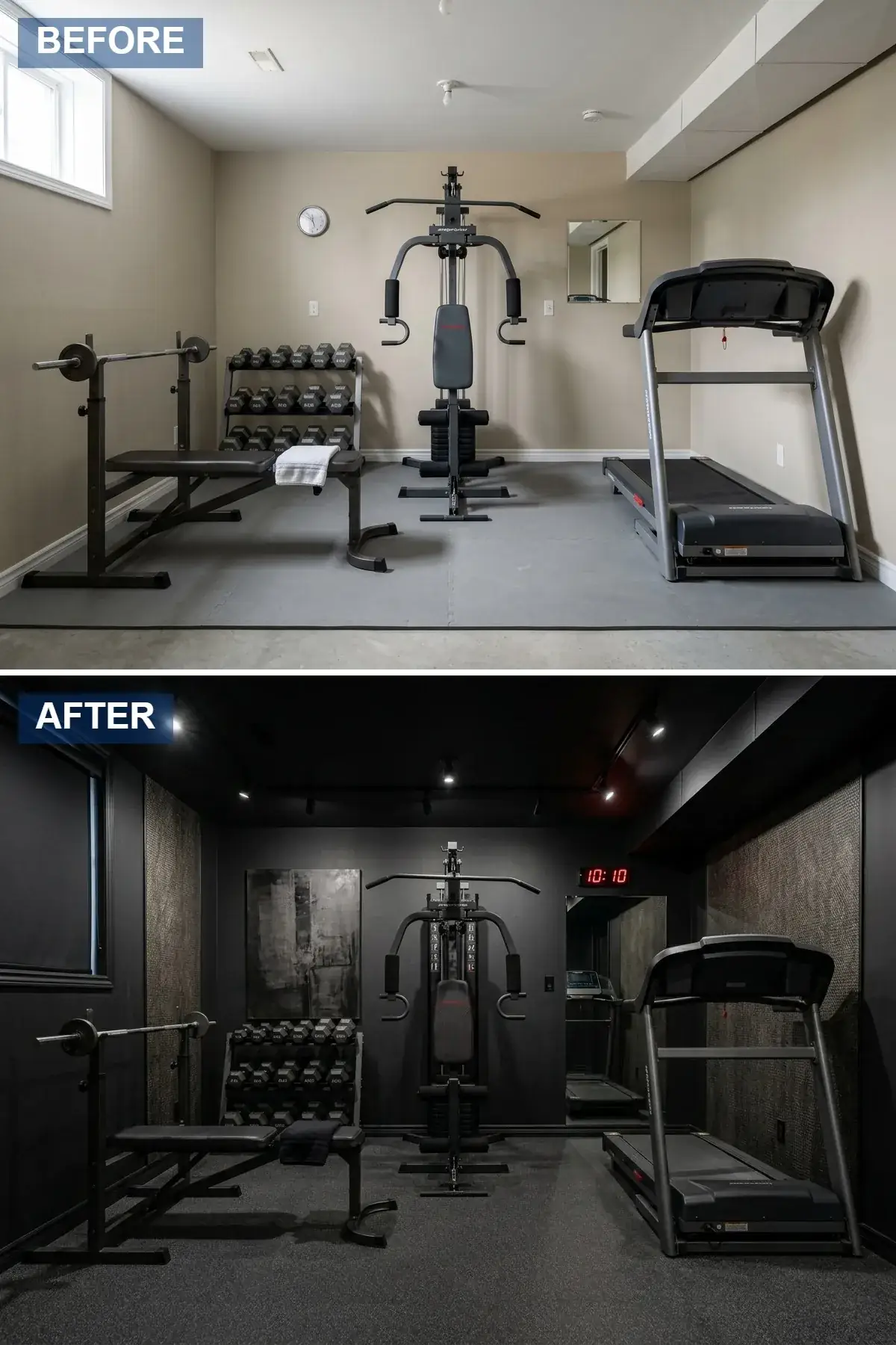 Dramatic all-black compact basement strength cell with matte black walls, textured charcoal accent panels, matte-black rubber flooring, black Rogue power rack and treadmill, black track lights, and a red-digital wall clock as the only color accent