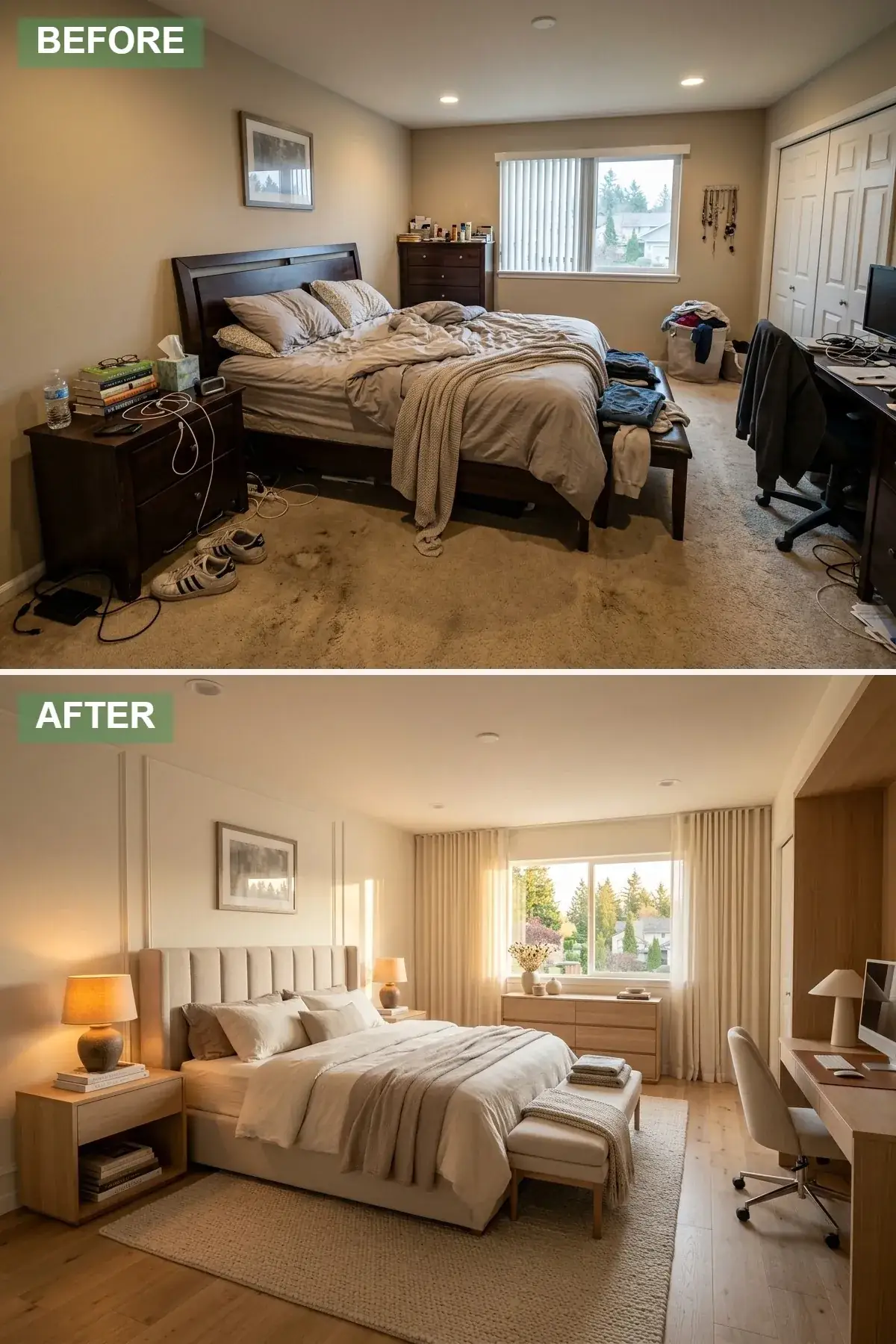 Modern Japandi compact primary bedroom with wide-plank light oak floors, low channeled upholstered bed in warm beige, matching light wood nightstands and dresser, floor-to-ceiling sheer linen curtains, large textured wool area rug, and warm bedside lamps creating a serene uncluttered atmosphere