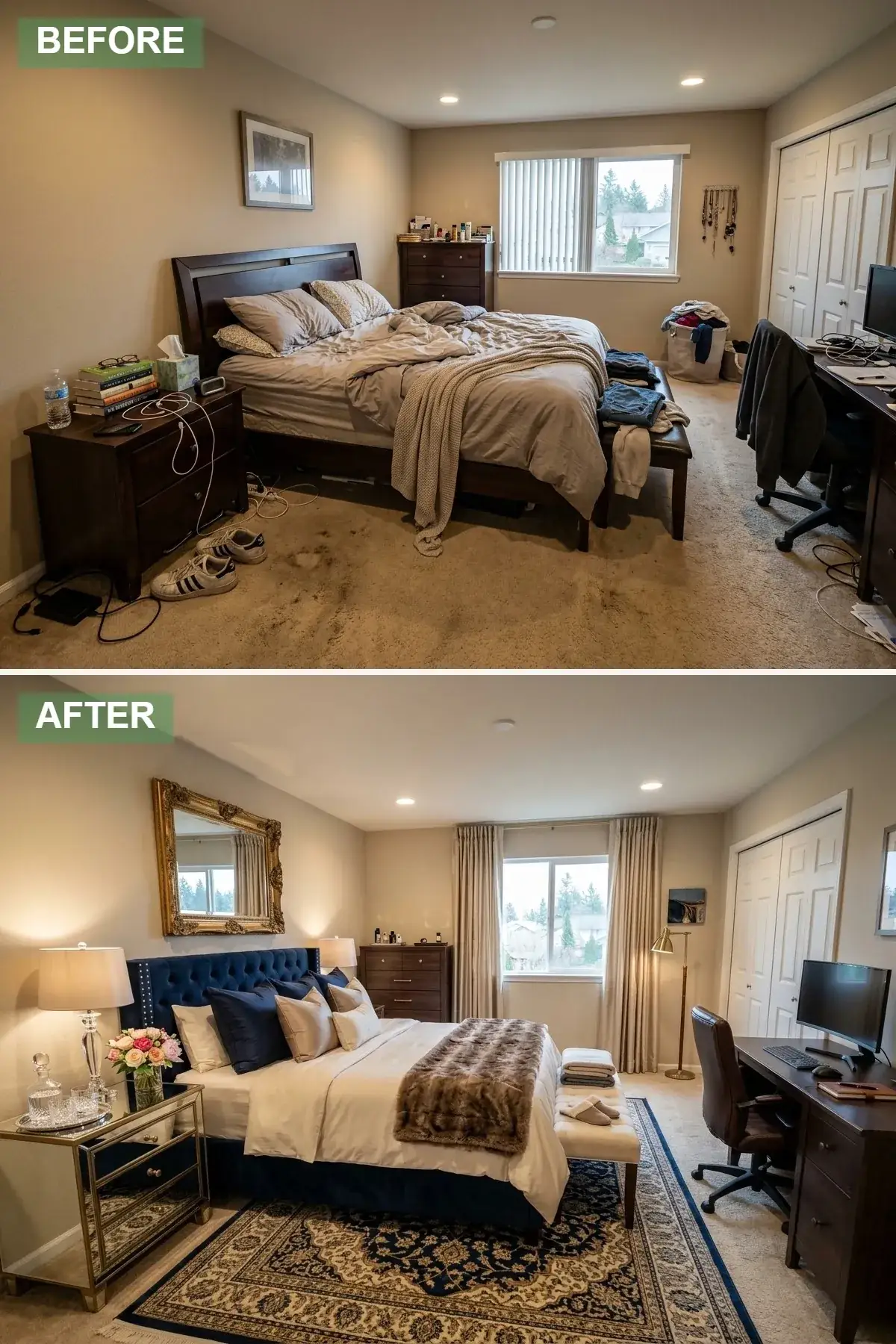Compact primary bedroom with deep navy blue velvet tufted bed frame, mirrored nightstands with antique gold trim, ornate brass mirror above the bed, dark wood dresser, soft brown faux fur throw, patterned blue and cream area rug, and elegant crystal table lamps creating a saturated luxe atmosphere