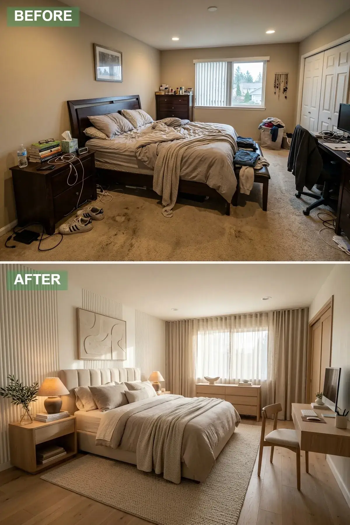 Compact primary bedroom with full-height fluted wood wall panel behind the upholstered bed, matching light ash dresser and nightstands, sculptural ceramic bedside lamps, large abstract artwork above dresser, layered linen and wool bedding in sand and oatmeal tones, and a soft jute rug grounding the space
