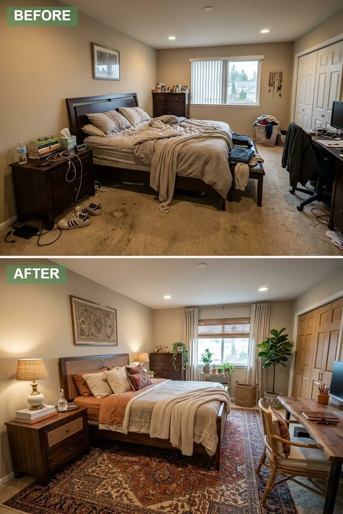 Compact primary bedroom with natural rattan-detail bed frame, mid-century medium walnut nightstands and dresser, vintage-inspired rust and indigo patterned area rug, curated gallery wall above the bed, hanging plants in macrame holders in the corner, and bamboo blinds layered with linen curtains for warm filtered light