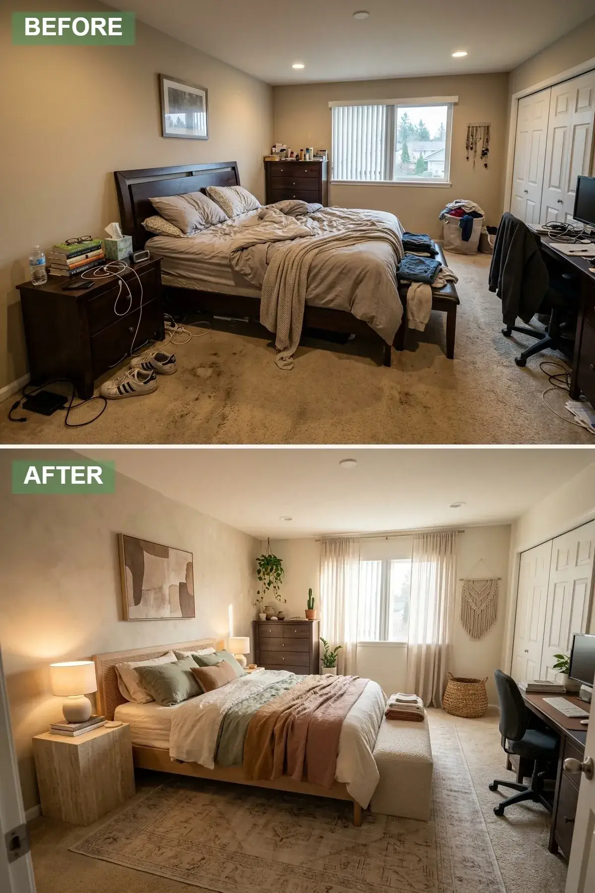 Compact primary bedroom with mineral lime-wash textured walls in sandy plaster tones, cane and dark wood platform bed, terracotta and sage bedding, travertine block nightstand, large macrame wall hanging, collected cacti and clay pottery, and a flat-weave southwest patterned rug grounding the room
