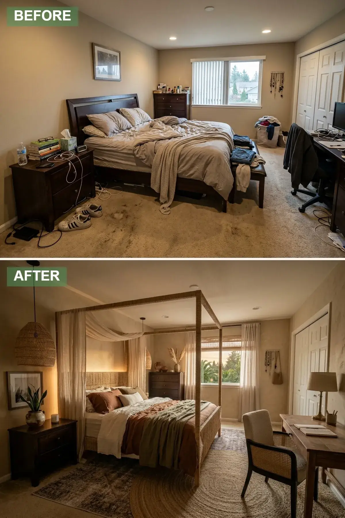Compact primary bedroom with four-poster wood canopy bed featuring rope details and sheer drape, round jute rug layered over a flat-weave vintage rectangular rug, woven seagrass pendant lights hanging from ceiling, dark walnut dresser, dried pampas grass in tall ceramic vases, and sandy-beige plaster walls