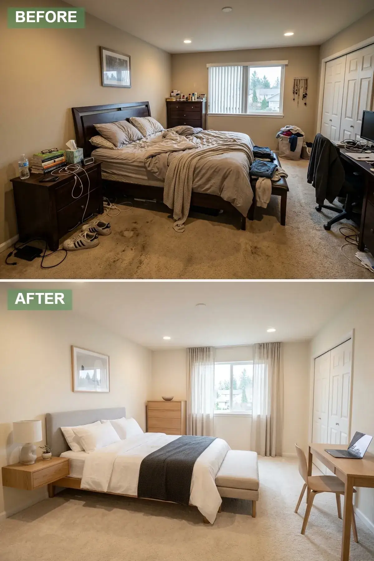 Compact primary bedroom with sleek light grey upholstered bed frame, floating birch nightstand shelves clearing the floor plane, minimalist light wood dresser and desk, crisp white bedding with charcoal throw, simple framed abstract art, and floor-to-ceiling sheer curtains creating a bright airy Scandinavian atmosphere