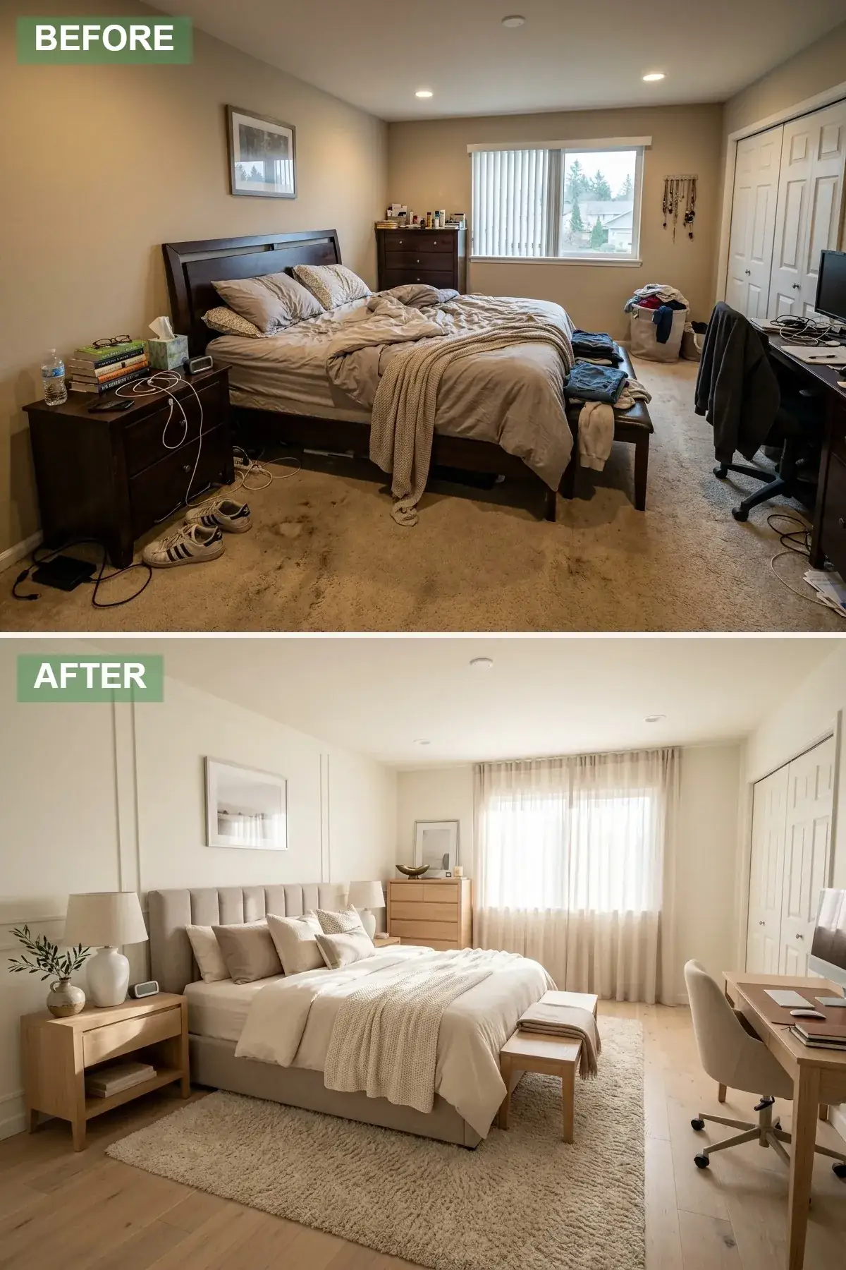 Compact primary bedroom with picture-frame wall molding in soft white, upholstered oatmeal channeled headboard bed, light oak nightstands and dresser with clean lines, plush high-pile cream shag rug layered over flat-weave rug, handmade ceramic bedside lamps, and a curated stack of books for a refined transitional atmosphere