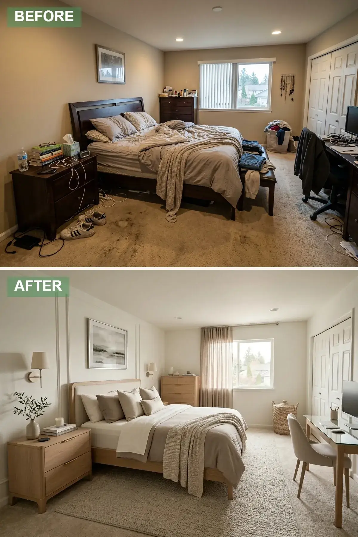 Compact primary bedroom with wall paneling and light oak wood bed frame with upholstered cream headboard, warm brass wall sconces installed above clean nightstand surfaces, large woven seagrass laundry basket, calming landscape art, sheer linen curtains, and a soft pale rug for a modern cottage atmosphere