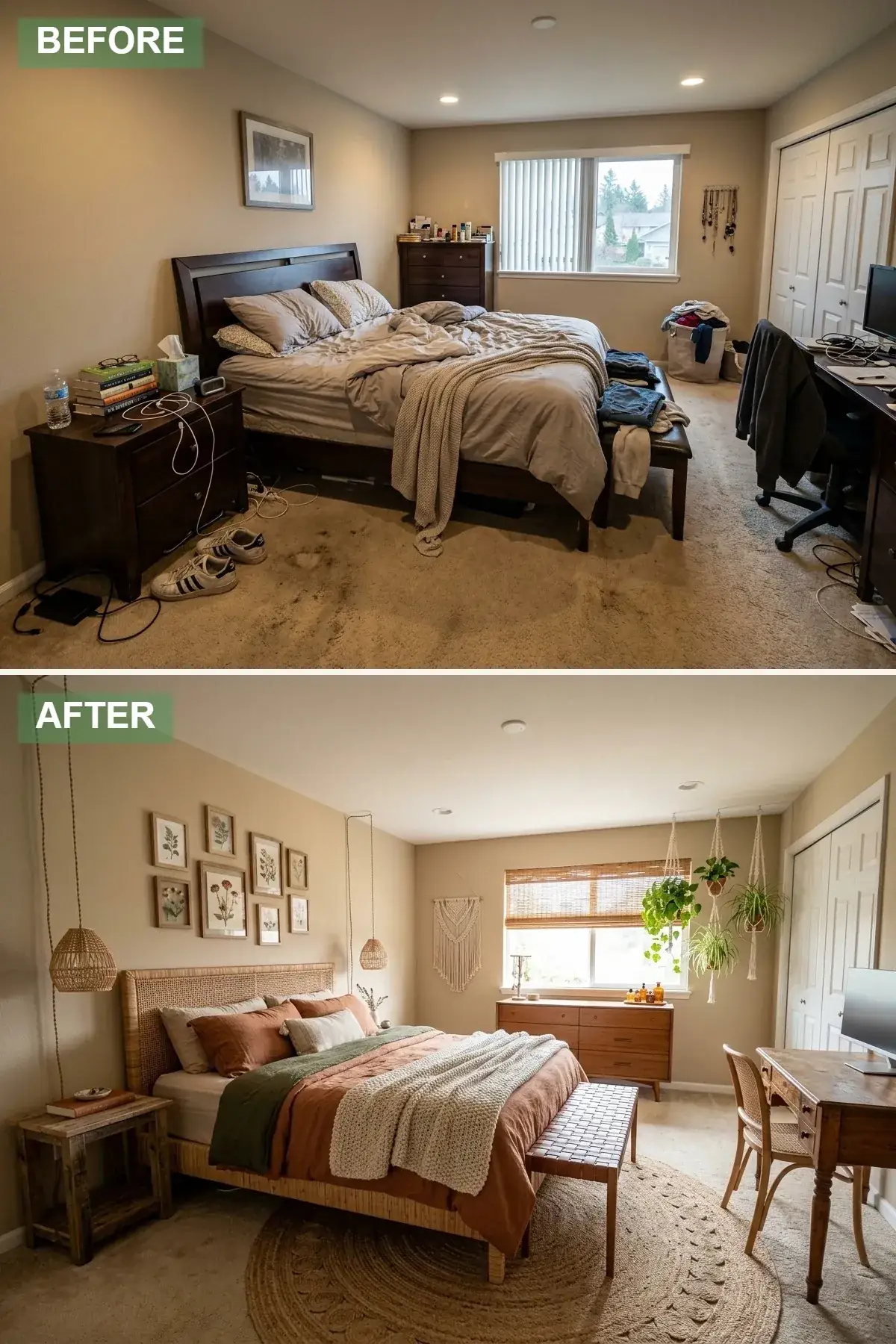 Compact primary bedroom densely populated with hanging and floor plants creating a jungle atmosphere, natural rattan bed frame, mid-century walnut furniture, large round jute rug, botanical gallery wall with framed prints and pressed flowers, macrame plant holders, and woven pendant lights hanging from ropes