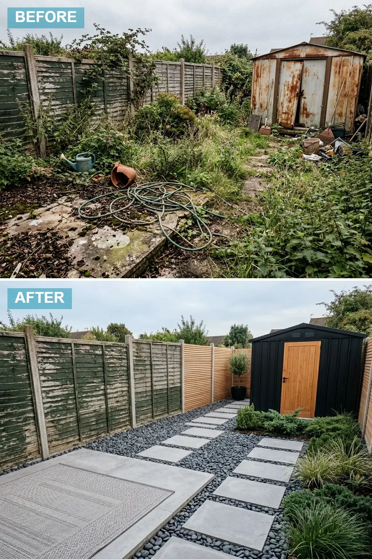 Modern minimalist backyard reset with horizontal cedar timber fencing, matte black corrugated metal storage shed with warm timber door, large-format light grey concrete pavers stepping through dark charcoal pebble ground cover, and a patterned outdoor rug defining a small seating zone in a compact Portland-scale rear lot